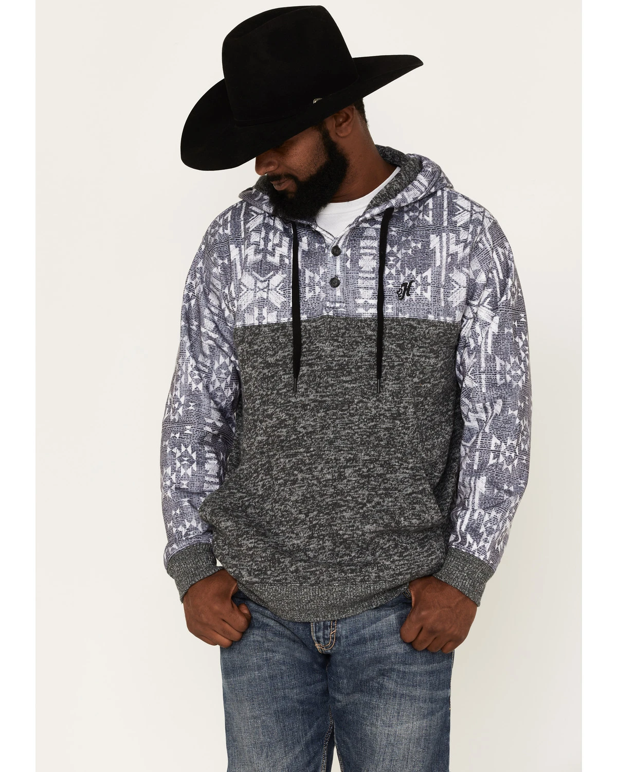 Hooey Men's Heathered Southwestern Print 1/4 Button Down Hooded Pullover 1 Hooey Men's Heathered Southwestern Print 1/4 Button Down Hooded Pullover